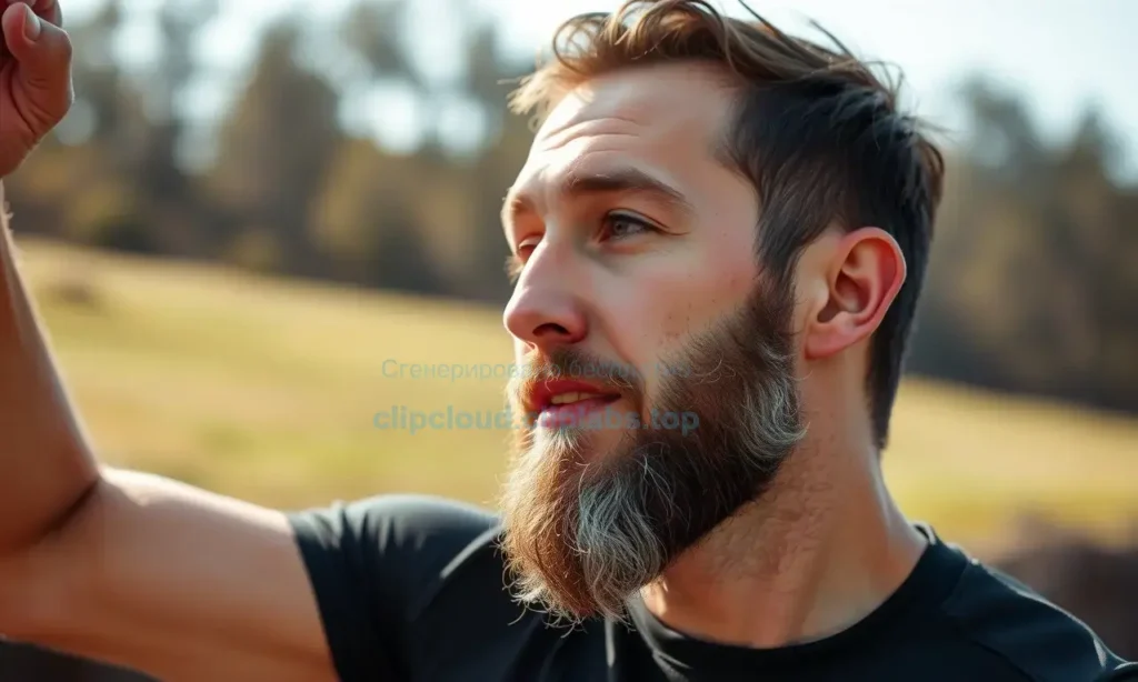 A man with a well-groomed beard exercising outdoors, sweat on his face and neck, beard slightly damp from perspiration, wearing a sports outfit, natural lighting, focus on facial hair and sweat management
