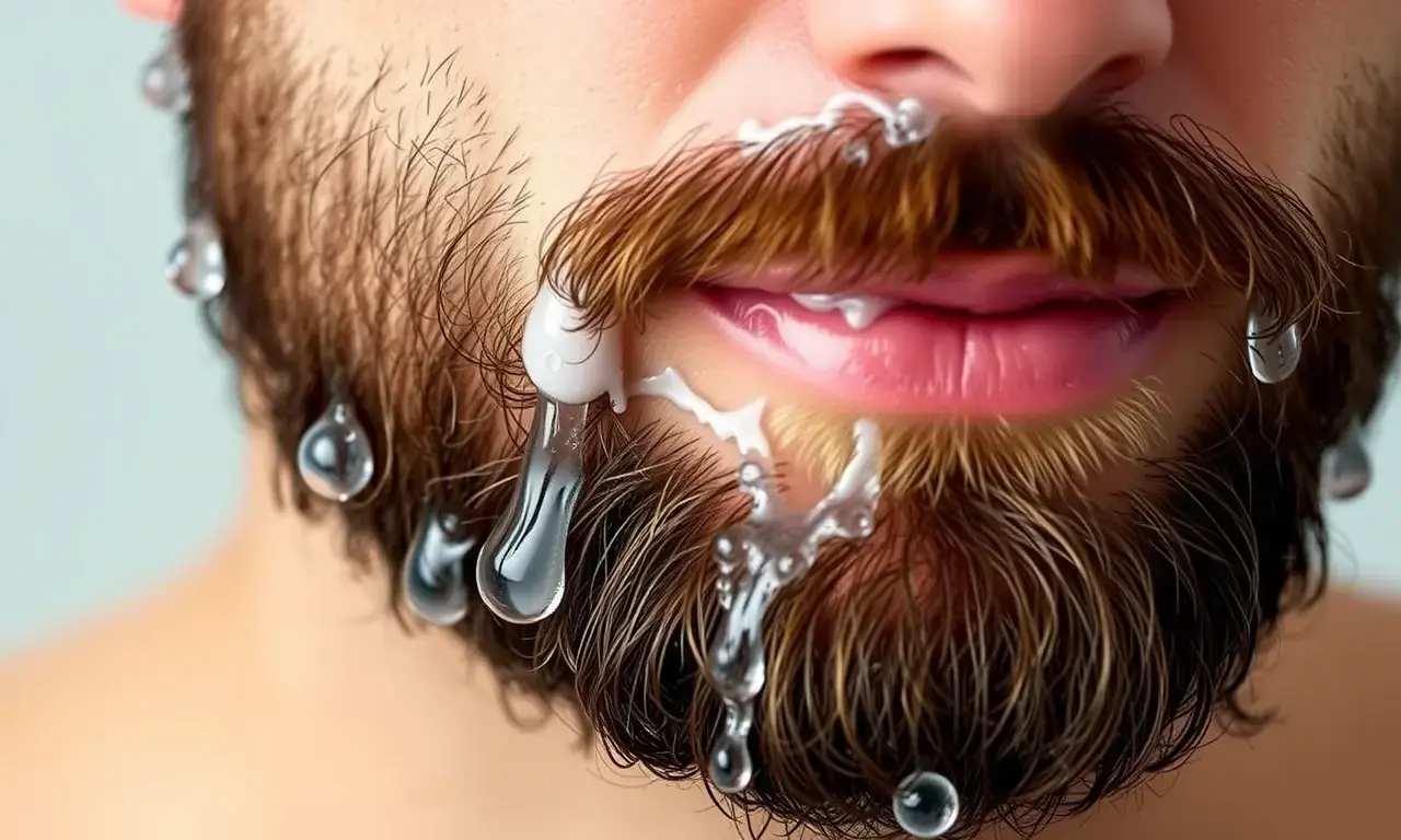 A close-up shot of a man's face with a well-groomed beard, demonstrating the process of washing off beard wax. The image should show water droplets and a slight lather on the beard, indicating the cleaning action. The focus is on the texture of the beard and the water, with a clean, bright background to emphasize the hygiene aspect.