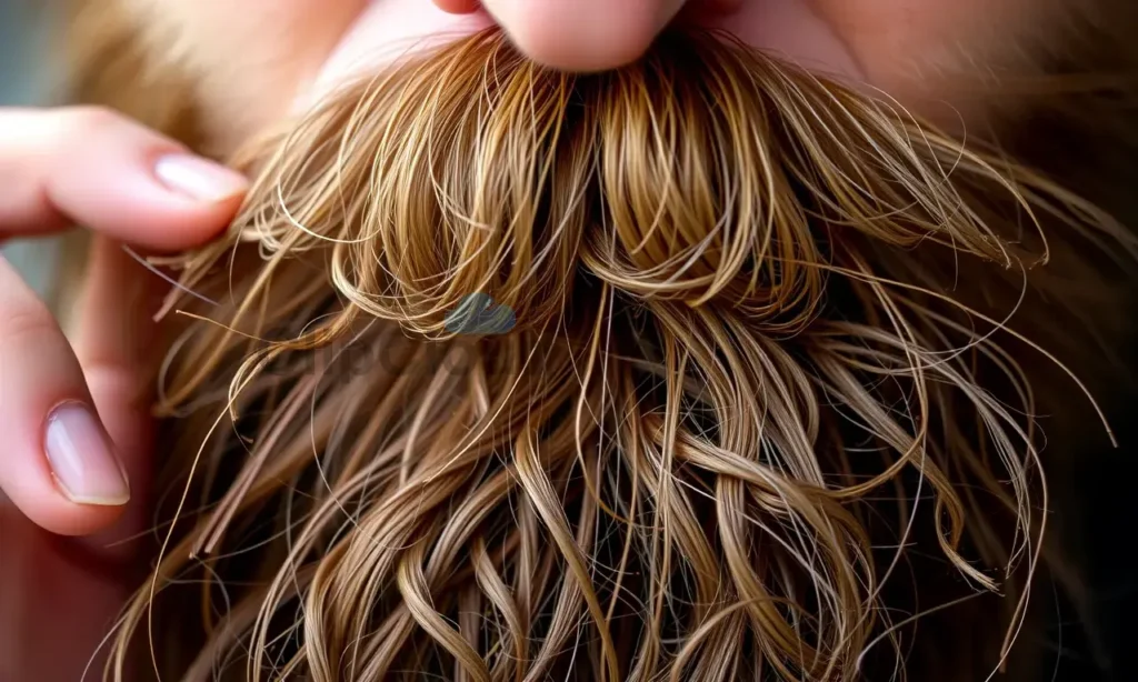 A close-up shot of a man's beard being carefully detangled. The beard is thick and slightly messy, with strands intertwined. Focus on the hands gently working to separate the knots. Soft, natural lighting.