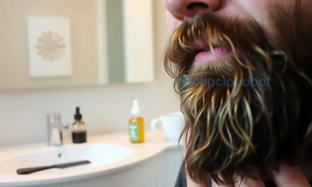 A close-up of a man's face just after waking up, showing a slightly disheveled, slightly tangled beard that sticks up in places. The man has a relaxed expression, with soft morning light illuminating his face. In the background, a bathroom vanity with a beard comb, a small bottle of beard oil, and a steaming cup of coffee can be seen, suggesting a routine to tame the beard. The scene conveys the common morning beard mess and the tools used to quickly fix it.