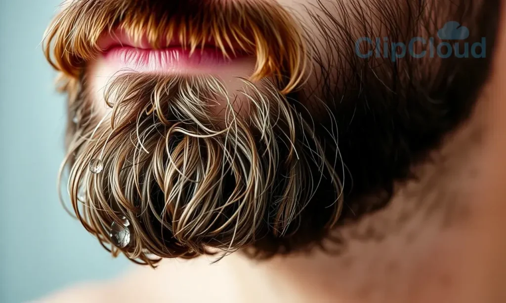 A close-up shot of a man's beard after washing. The beard is slightly damp, with visible water droplets. The texture of the beard is emphasized, showing individual strands. The lighting is soft and natural, highlighting the beard's details.