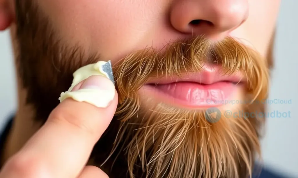 A close-up shot of a man's face with a well-groomed beard, demonstrating the application of beard wax. The image should show a small amount of wax being applied to the beard, highlighting the texture and care involved in the process. The focus should be on the beard and the application technique, with a clean and professional appearance.