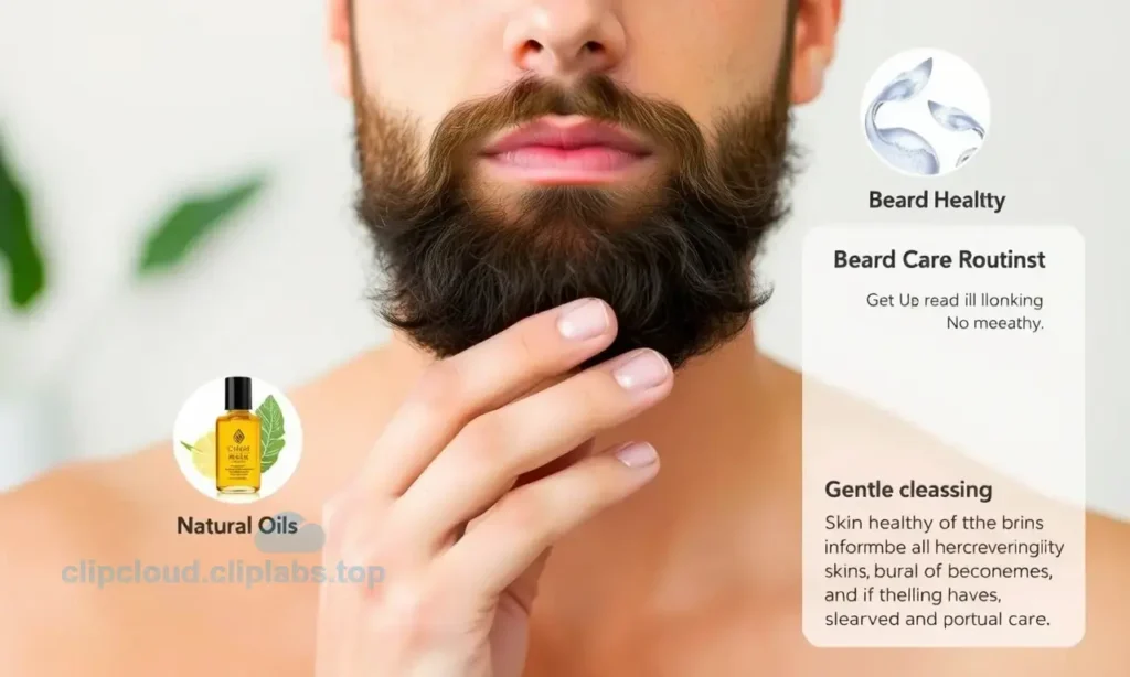 A man with a well-groomed beard and healthy skin, showing proper beard care routine with natural oils and gentle cleansing, in a clean and serene environment, highlighting skin health and beard maintenance