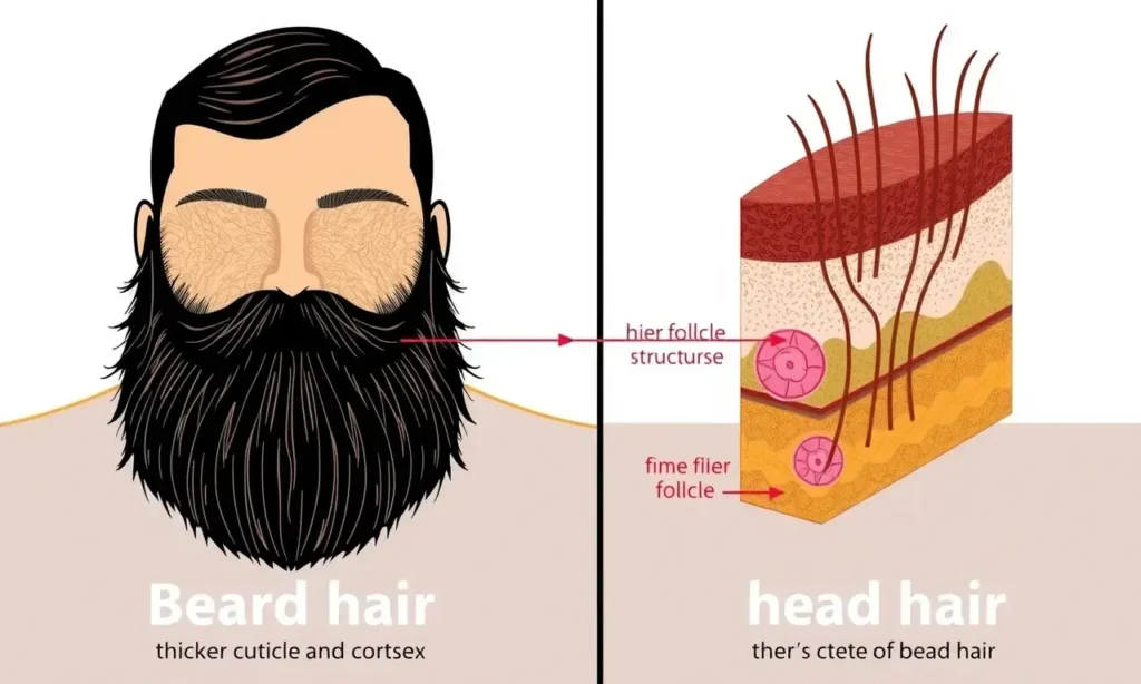 A detailed comparison illustration showing the structural differences between beard hair and head hair. The image should depict the cross-sections of both types of hair, highlighting the thicker cuticle and cortex in beard hair, which makes it coarser. Additionally, include a visual representation of the hair follicle structure, showing the deeper and more robust follicle of beard hair compared to the finer follicle of head hair. Use a scientific and educational style to clearly convey the diffe