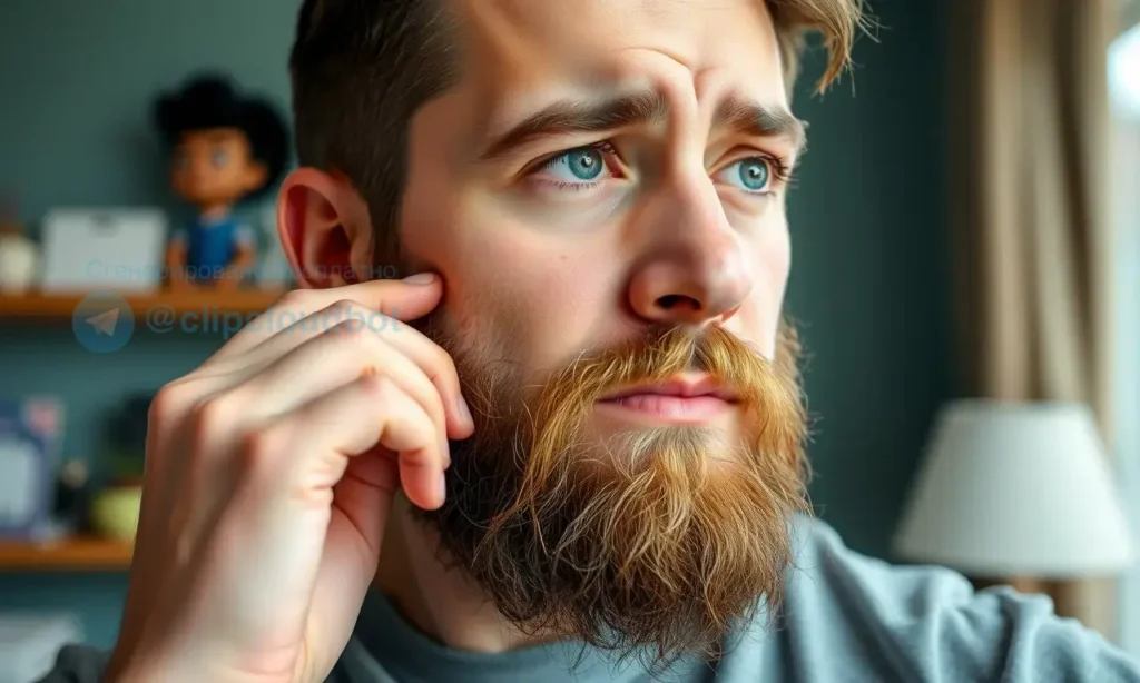 A man with a newly grown beard, looking slightly uncomfortable but determined, gently scratching his beard with a thoughtful expression. The beard is short and stubbly, indicating it is in the early stages of growth. The man is in a casual setting, perhaps at home, with a relaxed atmosphere. The focus is on the beard and the man's expression, conveying the theme of dealing with the itchiness of a new beard.