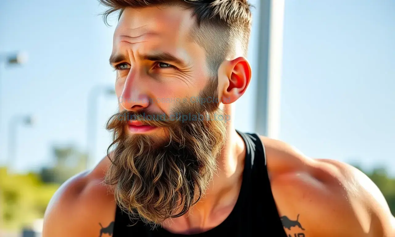 A man with a well-groomed beard exercising outdoors, sweat on his face, wearing a sports outfit, surrounded by nature or a gym environment, showing proper beard care during physical activity