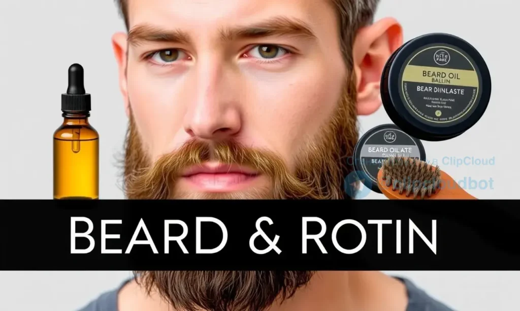 A well-groomed man in his 30s with a neatly trimmed beard, showcasing different beard care products such as beard oil, balm, and brush. The man should have a clean and healthy appearance, with a focus on the texture and shine of his beard. The background should be simple and neutral, emphasizing the beard care routine.
