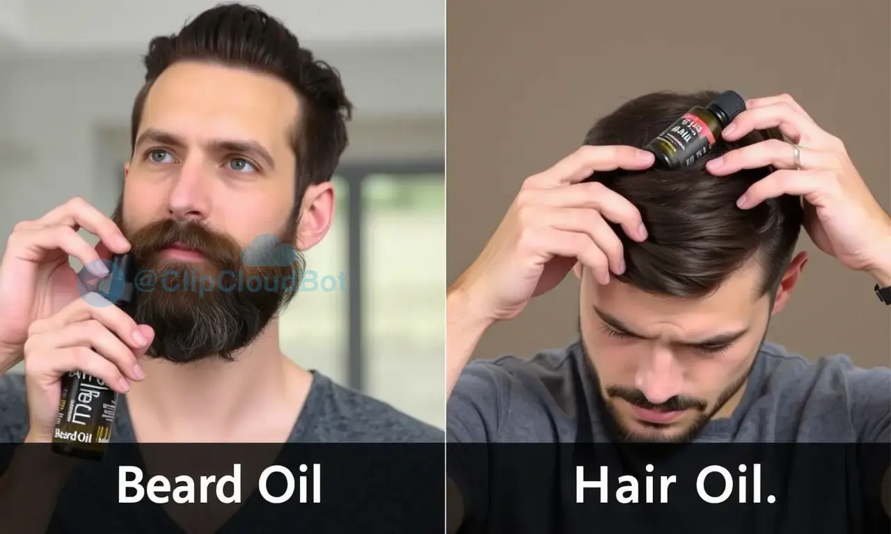 A split-screen comparison image showing two men. On the left, a man with a well-groomed beard is applying a specialized beard oil, with a bottle labeled 'Beard Oil' visible. On the right, a man is applying a different product to his hair, with a bottle labeled 'Hair Oil' visible. The image should clearly illustrate the difference in products and their application areas.