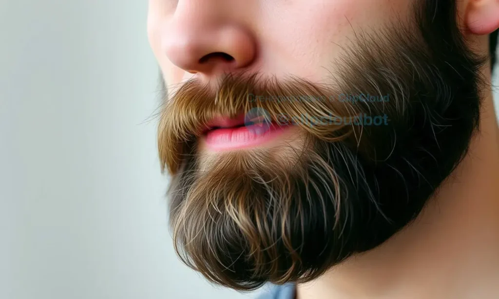 A close-up portrait of a man with a full, neatly trimmed beard. The beard should appear healthy and well-maintained, with visible texture and individual hairs. Focus on the beard's detail and natural color variations. The man's face should be partially visible, showing a calm and confident expression. Soft, natural lighting.