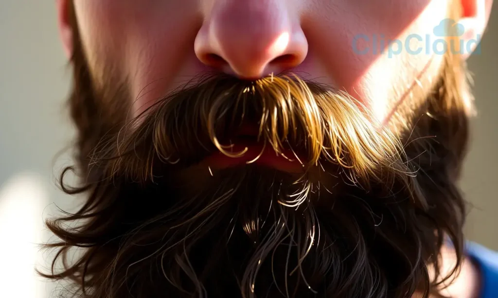 A close-up portrait of a man with a full, well-groomed beard, sunlight illuminating his face and beard, highlighting the subtle variations in color. The beard should appear slightly lighter in areas exposed to the sun. Focus on the texture and natural tones of the beard.