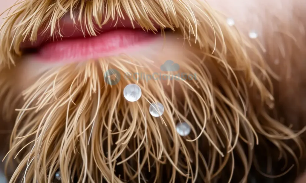 A close-up photo of a man's beard, slightly messy but healthy-looking, with water droplets on the hair. Focus on the texture and individual strands of the beard. Soft, natural lighting.
