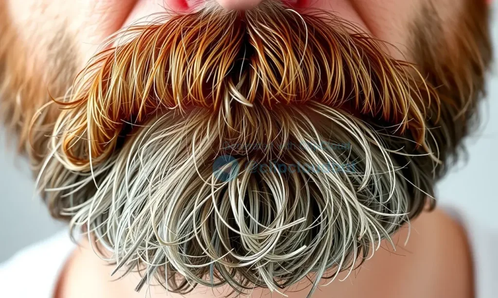 A man's beard showing signs of dryness and brittleness over time, with split ends and dull texture, realistic lighting, natural skin tone, no facial hair products or tools visible