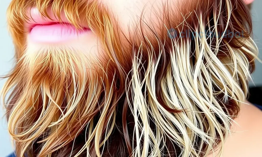 A well-groomed beard with a clear contrast between the oily roots and dry ends, showcasing the texture and different conditions of the beard. The beard should look natural and healthy, with a focus on the varying conditions to illustrate the need for proper care.