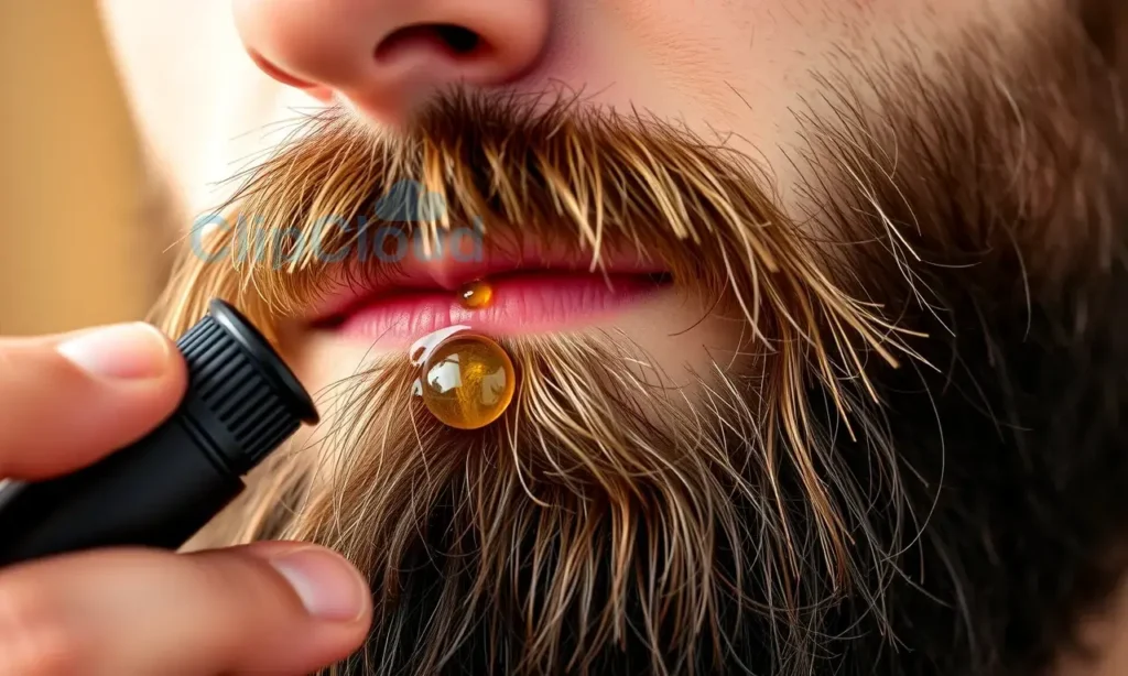 A close-up of a well-groomed beard with a few drops of beard oil being applied by fingertips, soft natural lighting, healthy facial hair texture, subtle skin glow, no visible irritation or redness, realistic skin and hair detail, warm neutral background