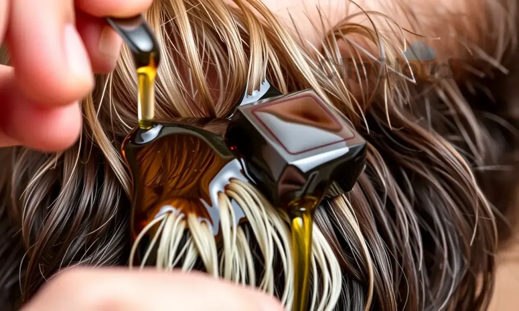 A close-up, detailed image of a man's beard being oiled. The beard should be thick and well-groomed. The oil should be glistening and appear smooth. Focus on the texture and shine of the beard and oil.