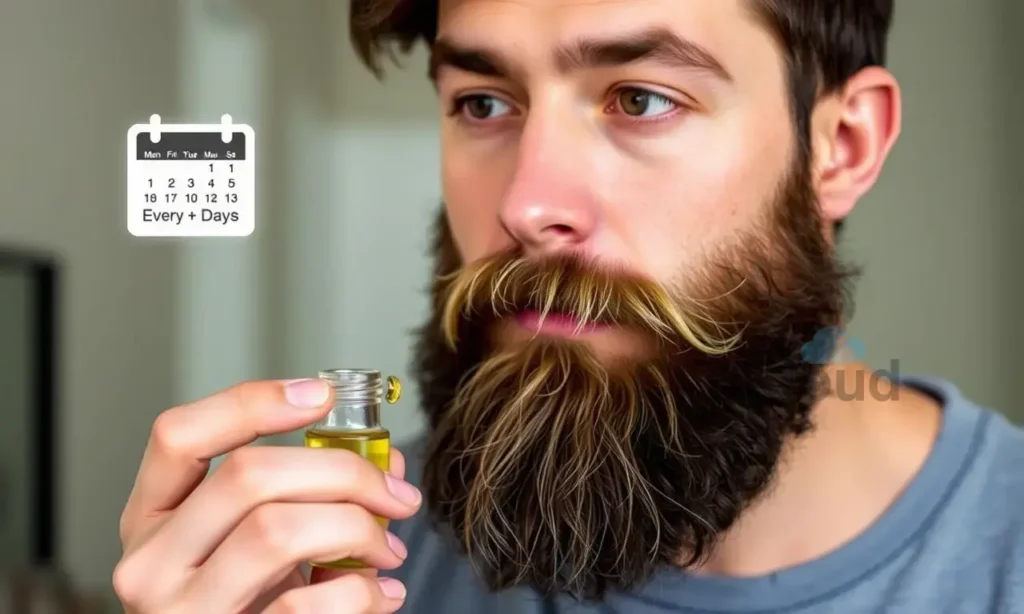 A well-groomed man with a healthy, full beard applying a small amount of beard oil from a clear bottle, with a subtle visual cue of a calendar or clock indicating moderate, regular application (e.g., every few days). The scene should convey a balanced routine, natural lighting, and a clean, professional look without any text or logos.