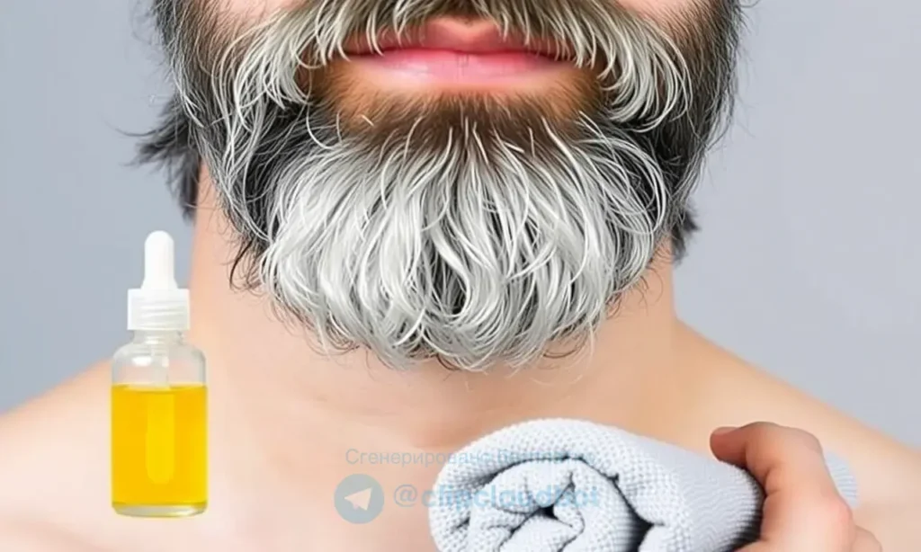 A close‑up of a man's beard showing a natural grooming routine to remove yellowing from a gray beard without dyeing. The image should depict a clean, well‑maintained beard that looks healthy and bright, with no yellowing. Include a small bottle of beard oil, a comb, and a towel, all arranged neatly. The background should be neutral and uncluttered, suggesting a calm, natural setting.