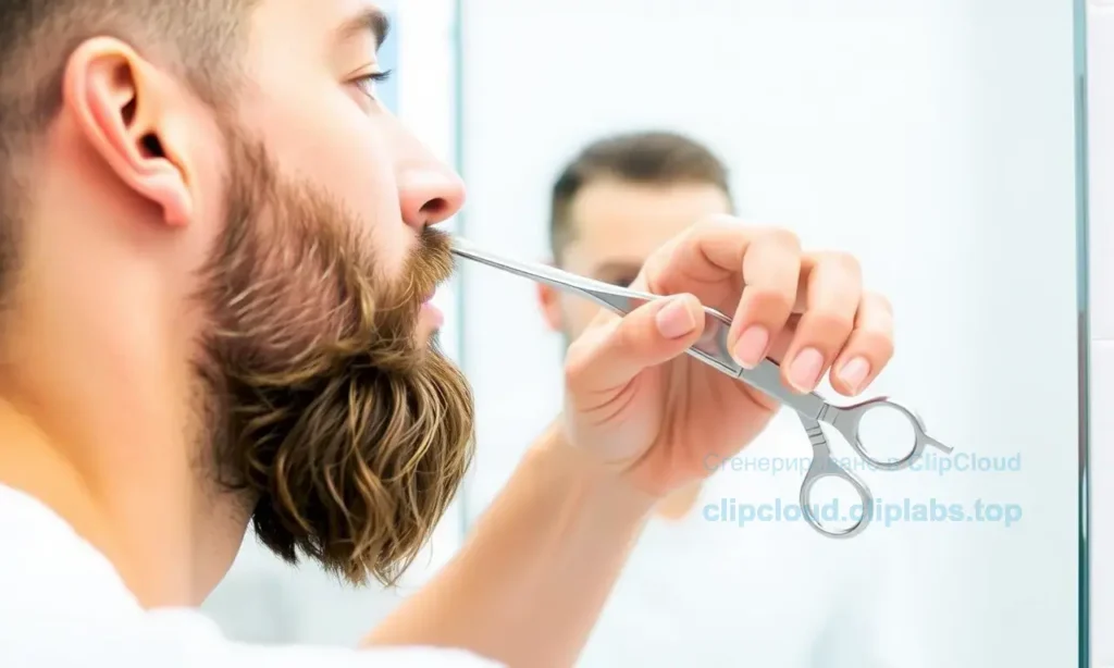 A man grooming his beard with a comb and scissors, showing a well-maintained beard with trimmed edges and healthy hair, in a clean and bright bathroom setting