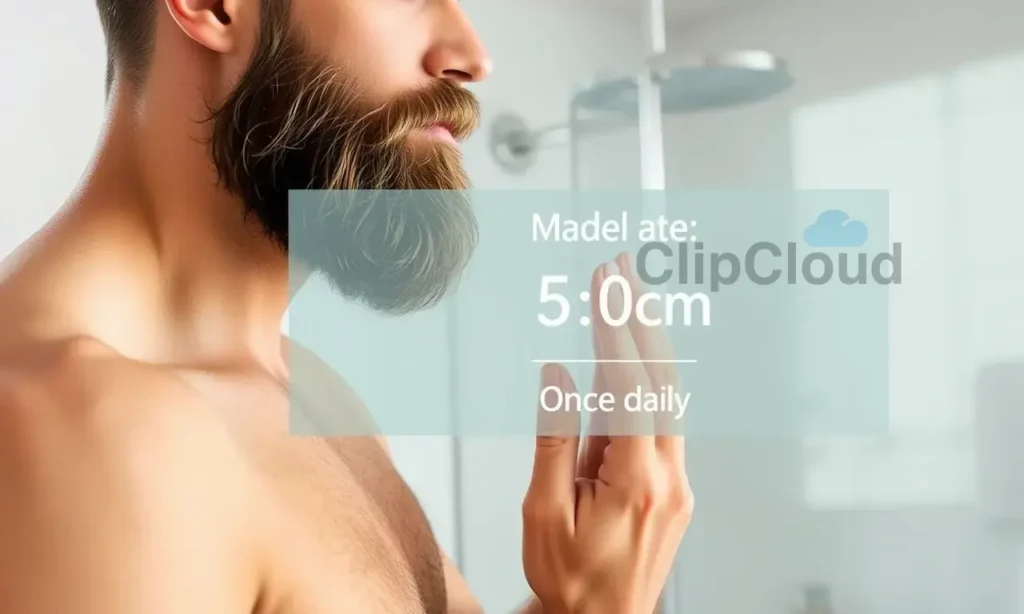 A well-groomed man with a medium-length beard standing in a bright, modern bathroom, gently massaging beard oil into his beard with his fingertips. A subtle, semi-transparent clock overlay shows a balanced schedule, indicating moderate, regular application (e.g., once daily). The scene emphasizes natural textures, healthy shine on the beard, and a calm, routine atmosphere without any written words or symbols.