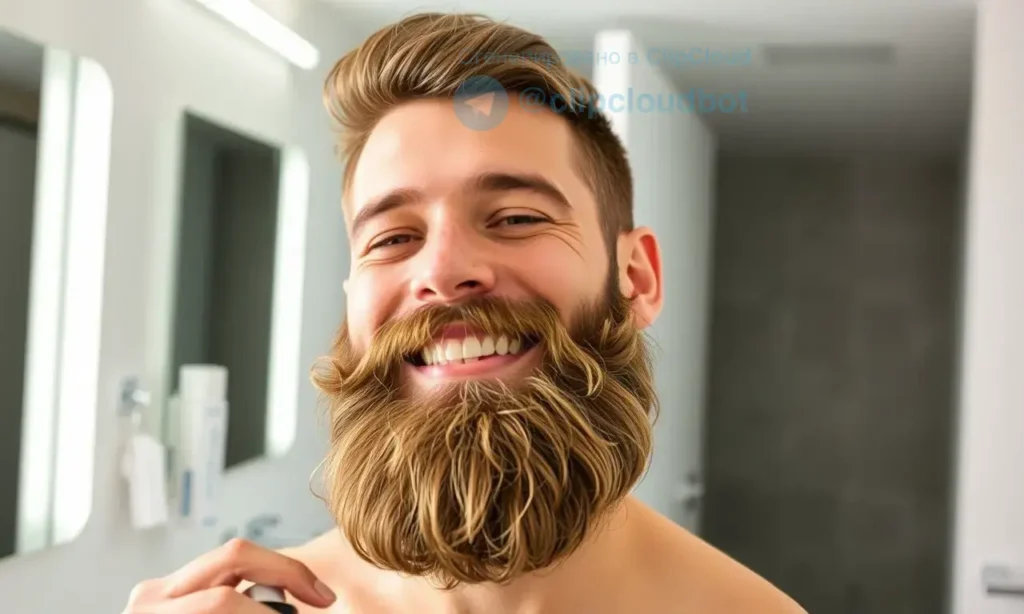 A well-groomed man with a thick, neatly trimmed beard, smiling confidently. The beard appears clean and fresh, with no signs of dirt or odor. The man is in a clean, modern bathroom with a sink and mirror, holding a beard care product. The lighting is bright and natural, highlighting the cleanliness and health of the beard.