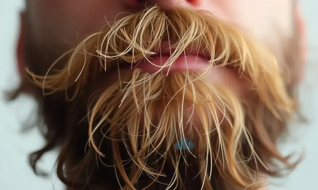 A close-up photo of a man's beard, showing individual strands of hair with varying lengths and textures. The beard is slightly unkempt, with some hairs pointing in different directions. Focus on the detail of the hair texture and the natural variation in the beard's appearance.