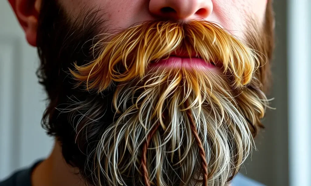 A close-up portrait of a man with a healthy, full beard. The beard should appear thick, dark, and well-maintained, with a slight natural texture. Focus on the beard's texture and shine, conveying a sense of vitality and health. The man's face should be partially visible, showing a neutral expression. Soft, natural lighting.