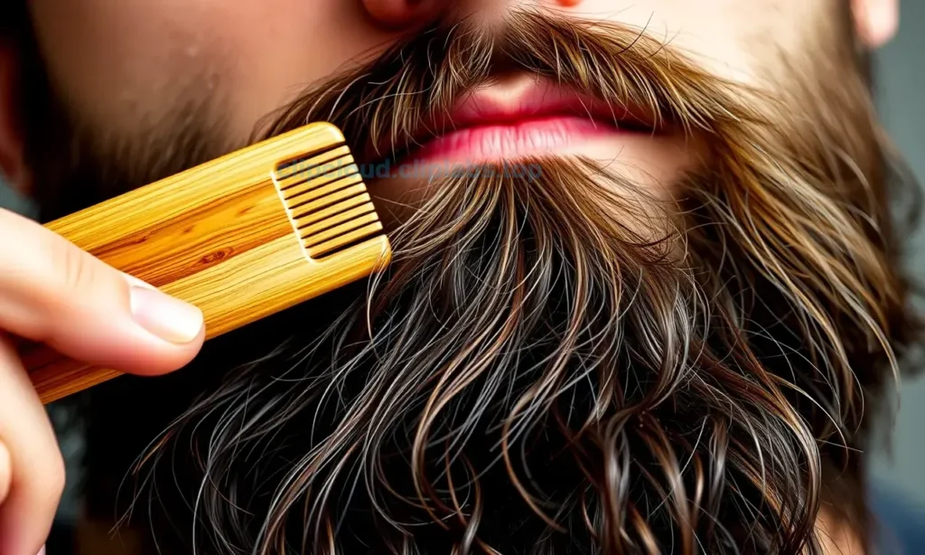 A close-up, high-quality shot of a man's face focusing on a well-groomed, thick beard. The beard is being gently combed with a wooden comb, showing the process of detangling. The hair is healthy, shiny, and free of knots, illustrating the successful result of proper beard care. The background is a soft, neutral blur to keep the focus on the beard and the combing action.