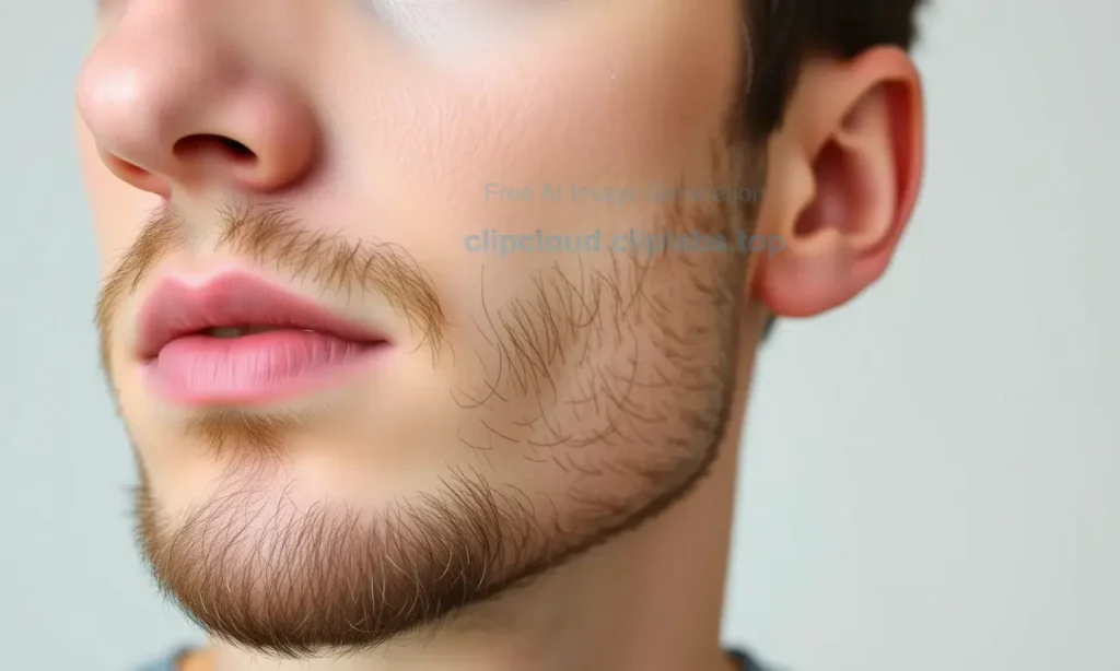 A close-up of a young man's face showing early stages of beard growth, with visible soft, fine stubble on the chin and cheeks, natural lighting, realistic skin texture, no text or symbols, clean background