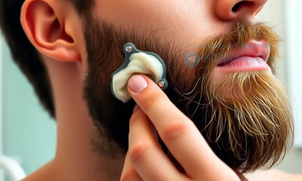 A close-up shot of a man's face with a well-groomed beard, focusing on the application of beard wax. A hand is shown gently massaging the wax into the beard hairs. The lighting is soft and natural, highlighting the texture of the beard and the product. The background is a clean, neutral bathroom setting.