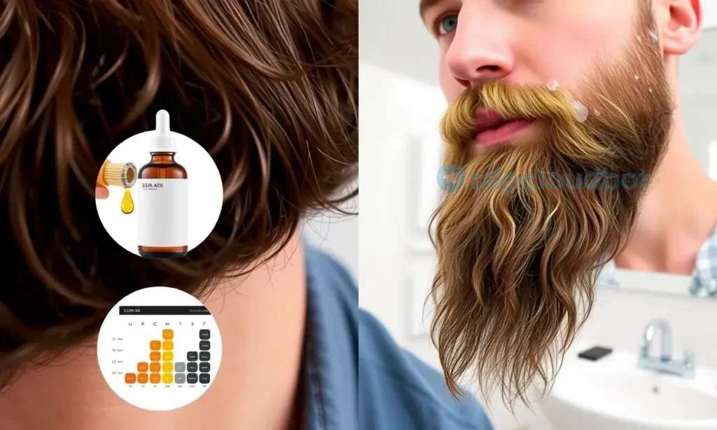 A close-up of a man's beard showing darker roots and lighter tips, with a grooming routine displayed: a brush, beard oil, a color chart, and a gentle washing process, all in a clean, modern bathroom setting.