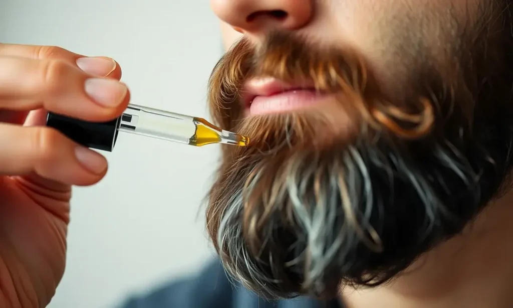 A close-up, high-quality shot of a man with a well-groomed beard applying beard oil. He is holding a small dropper bottle and carefully applying the oil to his beard. The focus is on the application process, highlighting the texture of the beard and the oil. The background is softly blurred to keep the attention on the subject.