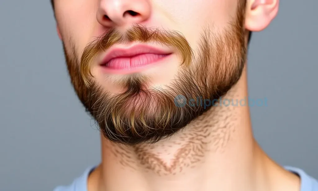 A close-up portrait of a well-groomed man in his 30s with a neatly trimmed beard. The beard should look healthy and well-maintained, with a focus on the texture and shine of both the beard and the skin underneath. The man should have a calm and confident expression, highlighting the natural beauty of his facial hair. The background should be simple and neutral to keep the focus on the beard and skin.