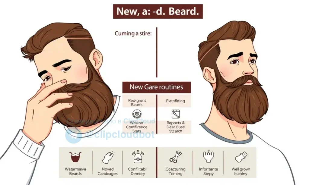 A detailed comparison illustration of two men with different stages of beard growth. On the left, a man with a newly grown beard, showing signs of itchiness and discomfort, with a hand scratching the beard. On the right, a man with a well-grown, maintained beard, looking comfortable and well-groomed. The background should include a table comparing the care routines for new and grown beards, with icons representing different care steps like washing, conditioning, and trimming.