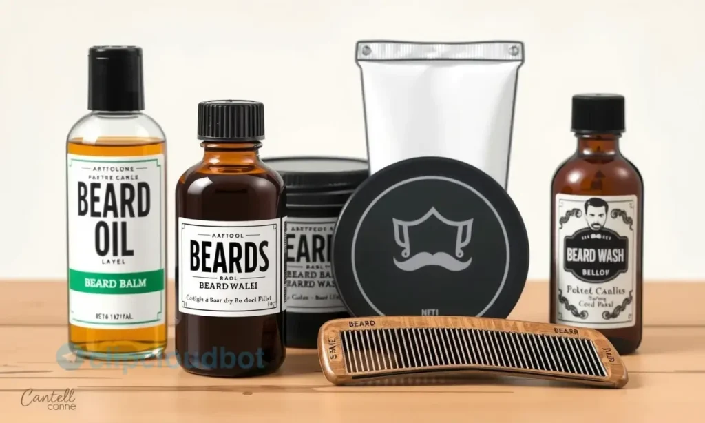 A close-up, detailed illustration of different beard care products arranged on a wooden surface. The products include beard oil, beard balm, beard wash, and a comb. Each product should have a clear label indicating its type. The background should be softly blurred to focus on the products.