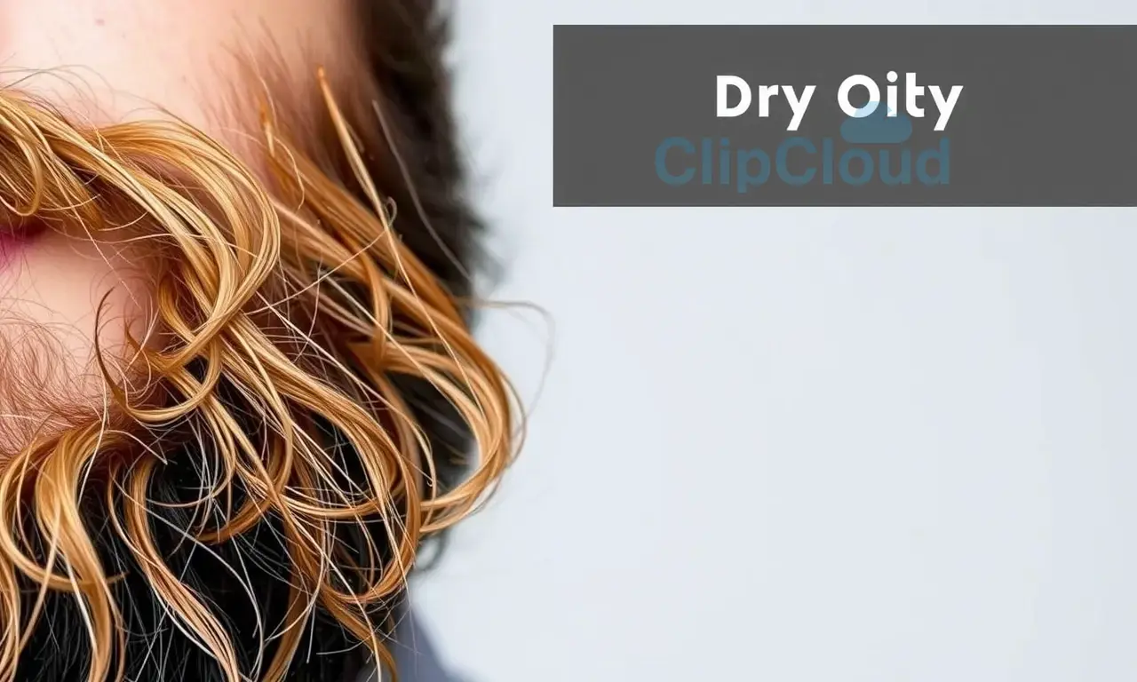 A close-up of a well-groomed beard with oily roots and dry ends, showcasing the contrast in texture. The beard should appear healthy and well-maintained, with a focus on the different care needs for the roots and ends. The background should be neutral to keep the focus on the beard.