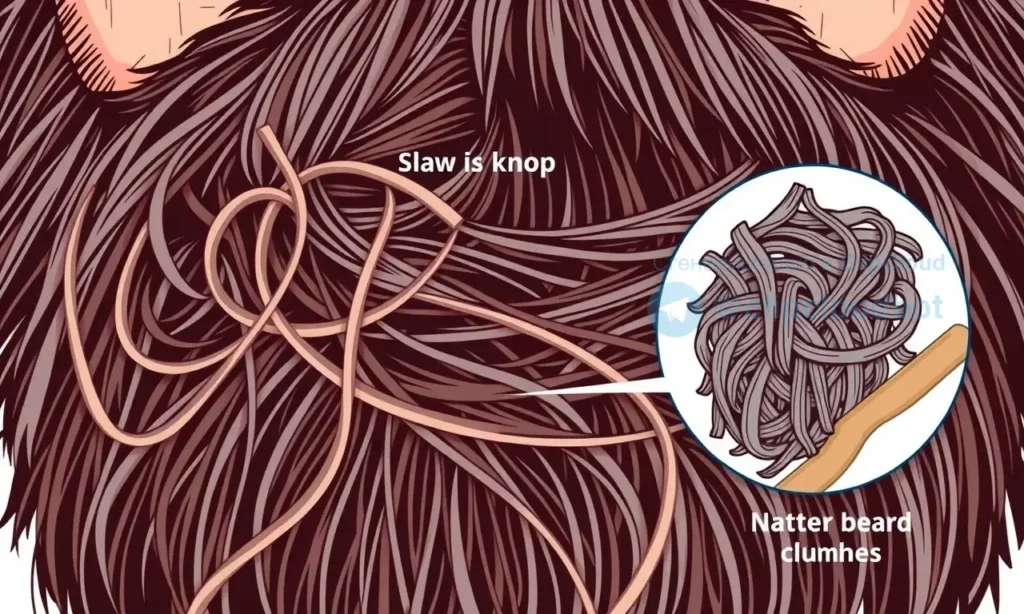 A close-up illustration showing a tangled beard with visible knots and clumps, demonstrating common causes like dryness and lack of maintenance, with clear visual indicators of matted hair strands and no visible combing tools