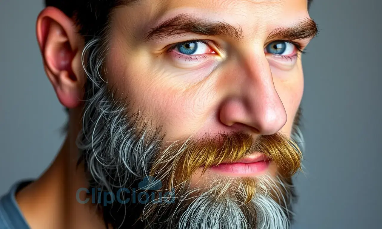 A high-quality, realistic portrait of a man in his 30s with a well-groomed, full beard. The image should focus on the texture of the facial hair and the condition of the skin, conveying a sense of maturity and care. The lighting should be soft and natural, highlighting the details of the beard and skin without harsh shadows. The background should be neutral and unobtrusive to keep the focus on the subject.