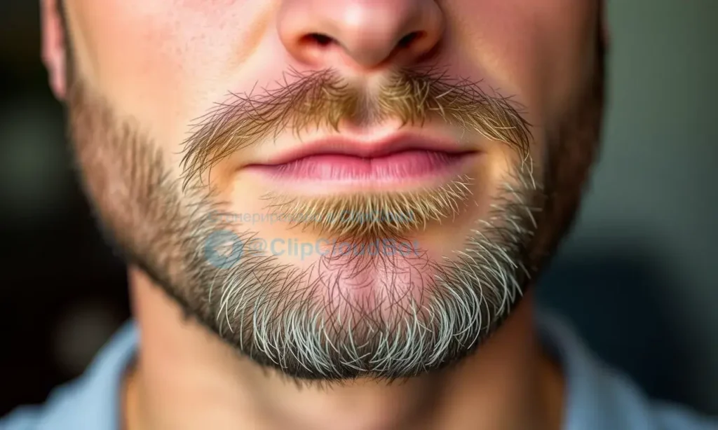 A close-up, high-quality photograph of a man's face, focusing on the area under the beard. The image should clearly show the contrast between the skin tone on the cheeks and the slightly darker, shadowed skin tone directly beneath the beard line. The lighting should be soft and natural to highlight the texture of the skin and the beard without creating harsh shadows. The man should have a neutral, calm expression.
