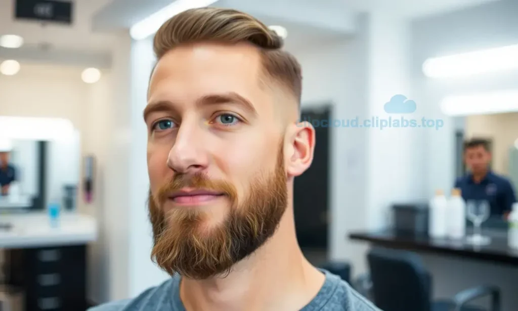 A man with a neatly trimmed beard, styled and groomed, looking confident and well-maintained. The beard should appear soft, even, and well-defined, with no visible frizz or unevenness. The man should be in a clean, modern setting, such as a barbershop or a well-lit room, to emphasize the grooming process and results.