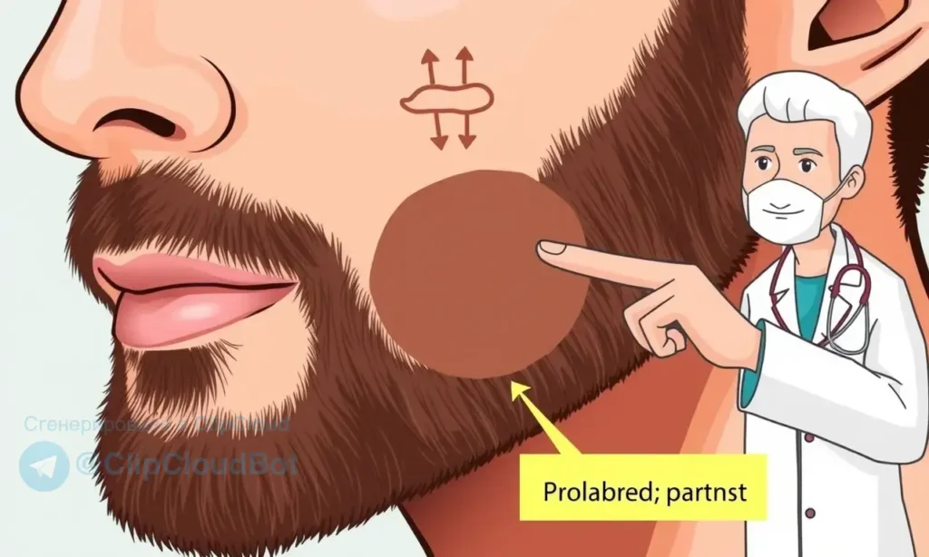A close-up illustration showing a man's face with a beard, highlighting the area under the beard where the skin appears darker than the rest of the face, with arrows or labels indicating the difference in skin tone, and a dermatologist or skincare expert pointing to the affected area, in a clear, educational style