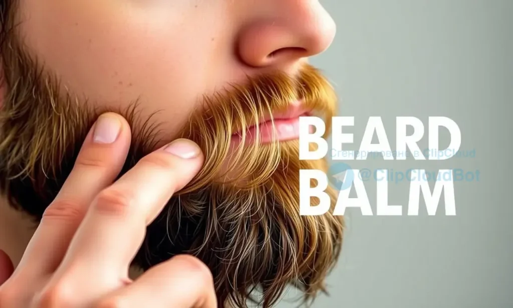 A close-up, high-quality shot of a man's face with a well-groomed beard, demonstrating the application of beard balm. The man is gently rubbing a small amount of balm into his beard with his fingers, showing the texture and shine of the product. The background is a soft, neutral blur to keep the focus on the beard and the action. The lighting is bright and even, highlighting the details of the beard and the product.