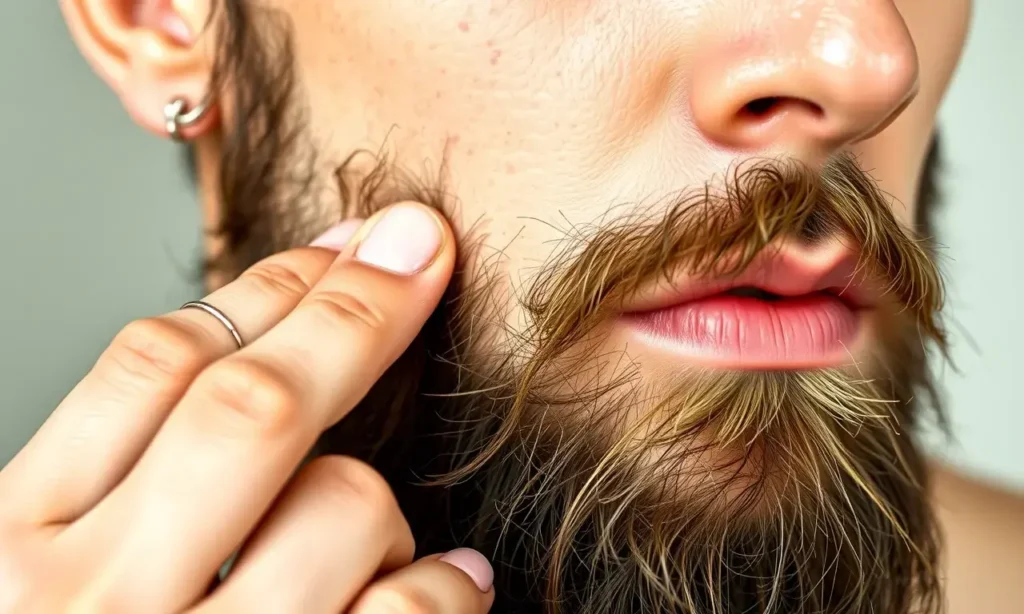 A close-up, high-quality shot of a man with a well-groomed beard, gently applying a drop of clear beard oil to his skin. The focus is on the texture of the skin and the oil, highlighting a clean, non-irritated complexion suitable for someone with acne-prone skin. The lighting is soft and natural, emphasizing the purity of the product.