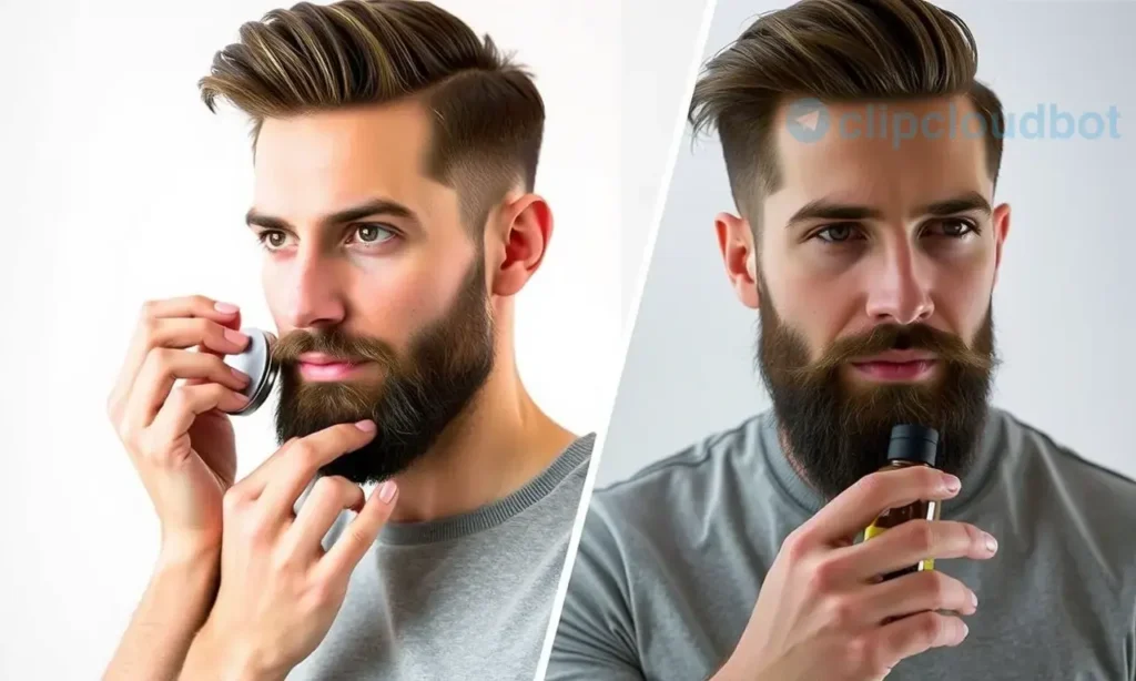 A well-groomed man with a neatly styled beard, showcasing the application of beard wax and beard oil. The image should depict the man in two different scenarios: one in the morning, applying beard wax to shape and hold his beard, and another in the evening, applying beard oil to nourish and soften his beard. The background should be clean and minimalistic, focusing on the beard care routine.