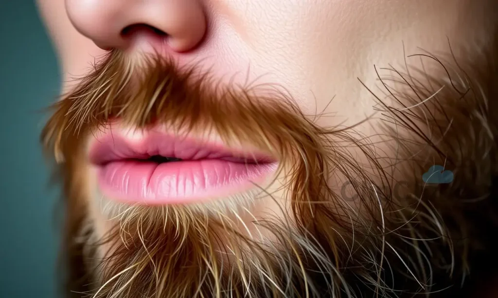 Close-up image of a man with a beard, showing slightly flaky skin under the beard. The lighting should be soft and natural, highlighting the texture of the skin. Focus on the beard and the skin beneath it, conveying a sense of care and concern.