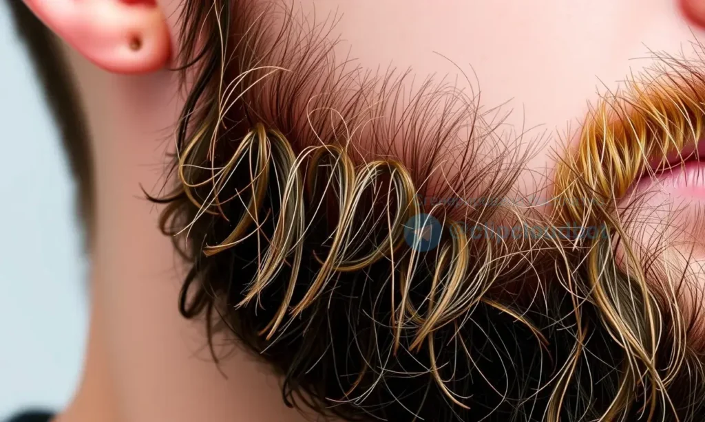 A close-up of a man's beard with coarse, stiff hair strands that appear slightly tangled or rough, showing natural texture and detail, neutral background, soft lighting, realistic skin tones, no text or symbols on the beard, no salon equipment or products visible