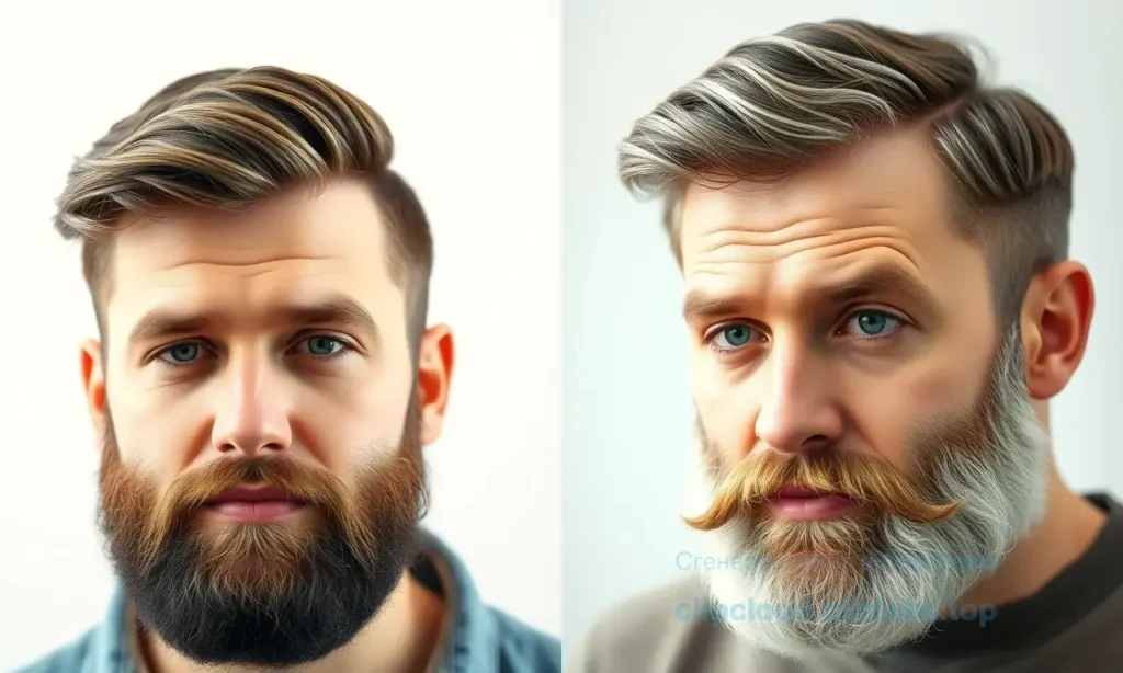 A split-screen comparison showing a man's face. On the left, a younger man (around 25) with a full, thick, and well-groomed beard. On the right, the same man at an older age (around 40) with a noticeably thinner, patchier, and slower-growing beard, illustrating the effect of aging on beard density. The style should be realistic and high-quality.