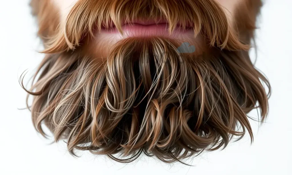 A close-up of a well-groomed beard with a focus on the contrast between the oily roots and dry ends. The beard should look natural and healthy, with a slight shine at the roots and a matte texture at the ends. The background should be neutral to keep the focus on the beard.