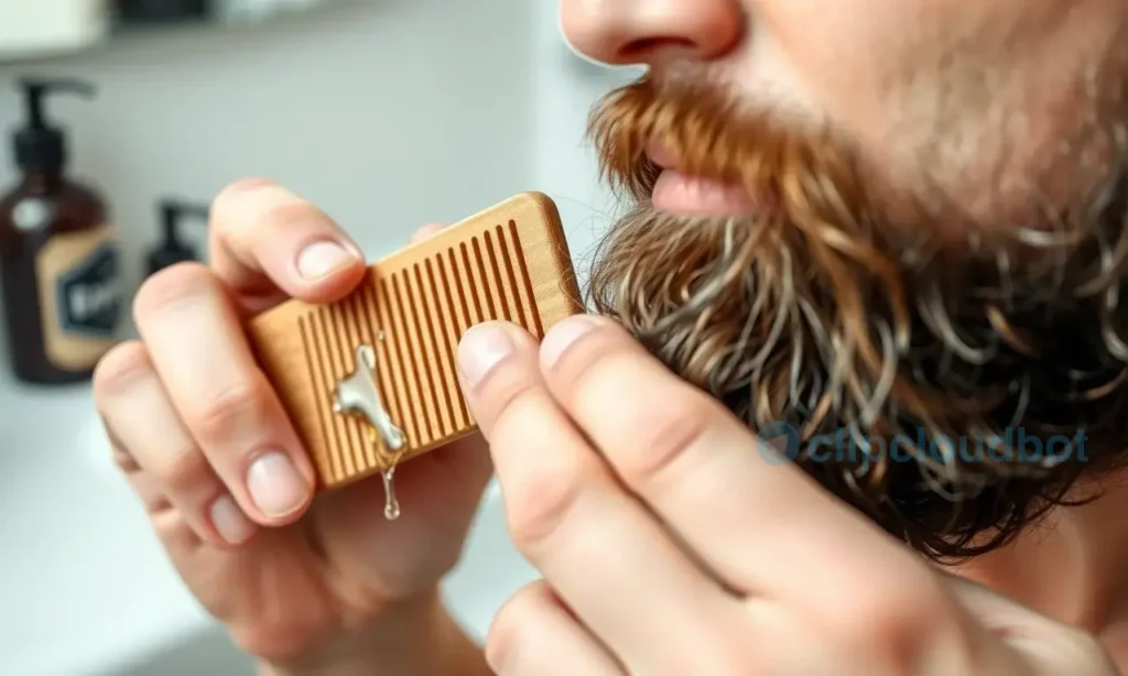 A close-up of a well-groomed beard with tangled and matted strands being gently combed out using a wooden beard comb and natural beard oil, showing smooth, separated hairs after detangling, soft natural lighting, realistic skin texture, no visible irritation or redness, focus on the beard and hands performing the care, background softly blurred bathroom sink with minimal toiletries