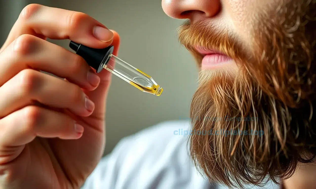 A close-up, high-quality shot of a man with a well-groomed beard applying beard oil. He is holding a small glass dropper bottle and carefully applying the oil to his beard. The focus is on the action of application and the texture of the beard. The lighting is soft and natural, highlighting the sheen of the oil on the facial hair.
