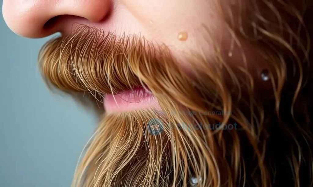 A close-up, realistic depiction of a man's beard with subtle, natural-looking oils glistening on the hair. Focus on the texture and healthy appearance of the beard. Soft, diffused lighting.